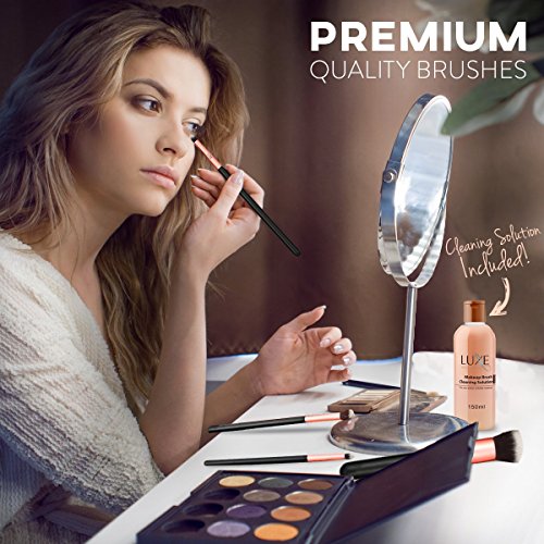 Luxe Premium Makeup Brushes Set with Brush Cleaning Solution – 14 Pc Face and Eye, Synthetic Brushes for Foundation…