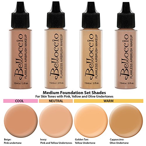 Belloccio Medium Color Shade Foundation Set – Professional Cosmetic Airbrush Makeup in 1/2 oz Bottles