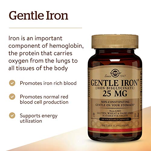Solgar – Gentle Iron 25 mg Vegetable Capsules 180 Count 2 Pack Easy on Stomach, Promote Red Blood Cell Production.