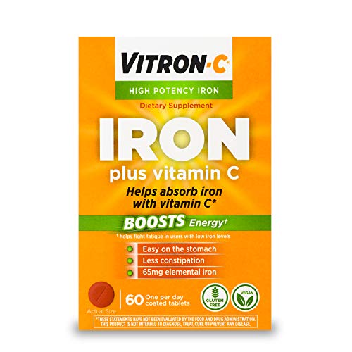 Vitron-C Iron Supplement, Once Daily, High Potency Iron Plus Vitamin C, Dye Free Tablets, 60 Count