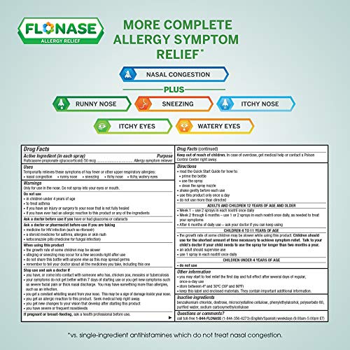 Flonase Allergy Relief Nasal Spray, 24 Hour Non Drowsy Allergy Medicine, Metered Nasal Spray – 120 Sprays, 0.54 Fl Oz…