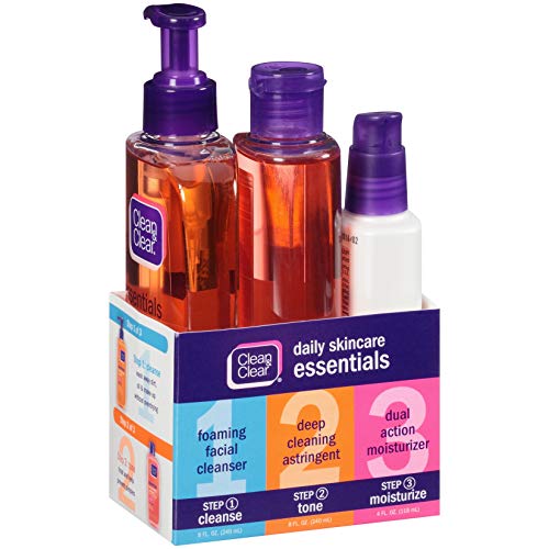 Clean & Clear Daily Acne Skincare Essentials Set with Foaming Facial Cleanser, Deep Cleaning Astringent & Dual Action…
