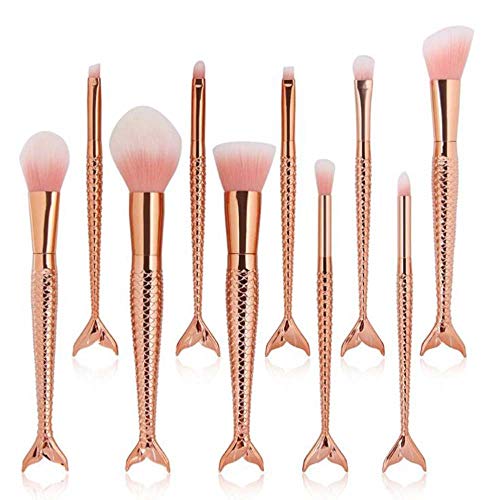 Coshine 10pcs Rose Gold Unique Mermaid Makeup Brush Set, Synthetic Hair with Plastic Handle Cosmetic Brushes
