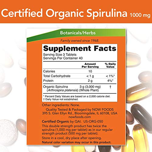 NOW Supplements, Certified Organic, Spirulina 1000 mg (Double Strength), Rich in Beta-Carotene (Vitamin A) and B-12 with…