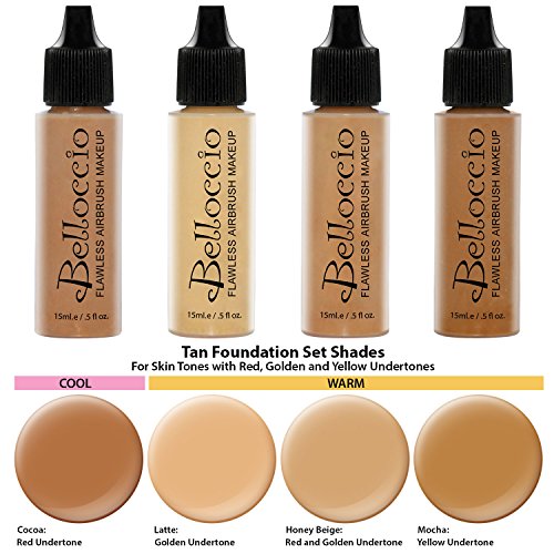 Belloccio Tan Color Shade Foundation Set – Professional Cosmetic Airbrush Makeup in 1/2 oz Bottles