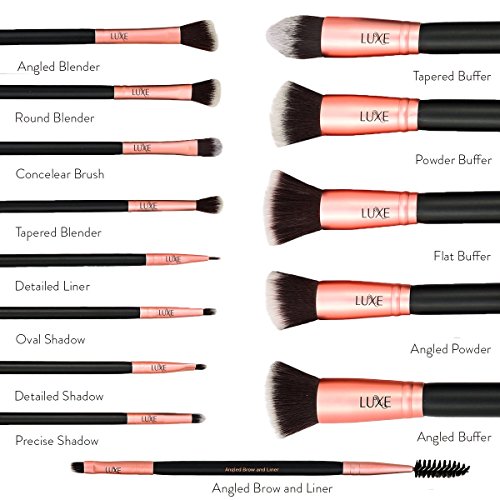 Luxe Premium Makeup Brushes Set with Brush Cleaning Solution – 14 Pc Face and Eye, Synthetic Brushes for Foundation…