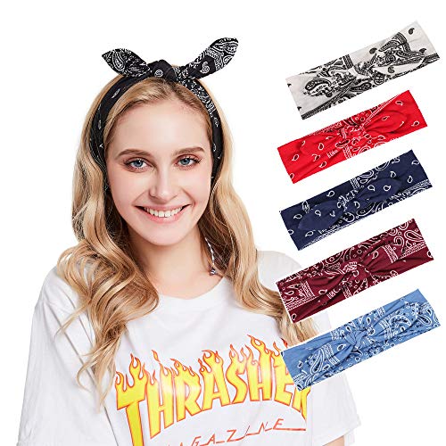 Yeshan Boho Bow Headbands for Women Vintage Paisley Bandana Flower Printed Hairband Elastic Rabbit ear Head Wrap Cute…