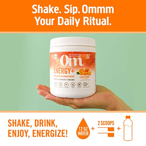Om Mushroom Superfood Energy Plus Mushroom Powder Drink Mix, Citrus Orange, 7.05 Ounce, 32 Servings, Mushroom Blend…