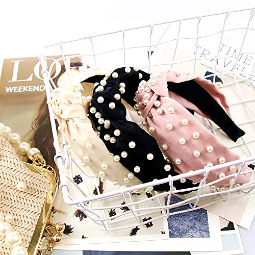 Pearl Headbands Knotted Headbands for Women 3 Colors, Knot Turban Headband Fashion Hair Bands Wide Headbands