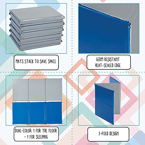 ECR4Kids Everyday Folding Rest Mat, 3-Section, 1in, Classroom Furniture, Blue/Grey