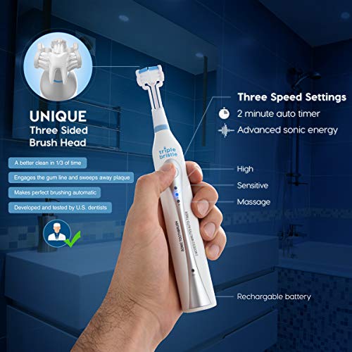 Triple Bristle Original Sonic Toothbrush | Rechargeable 31,000 VPM Tooth Brush | Patented 3 Head Design | Angled…