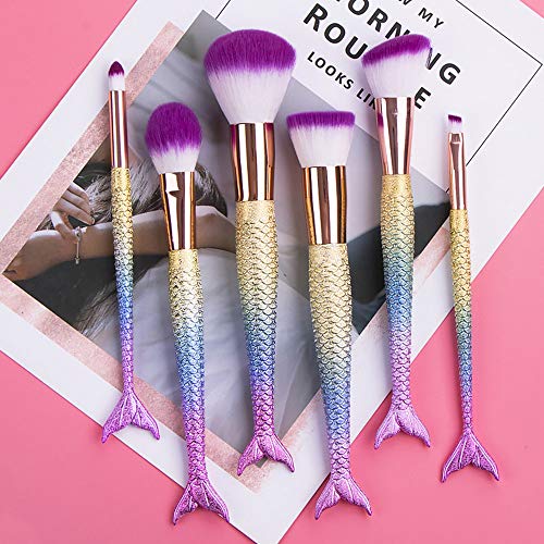 6 Pieces Mermaid Makeup Brush Set Lovely Makeup Brush Kit for Girls Portable Beauty Cosmetic Tools Women Cosmetic…