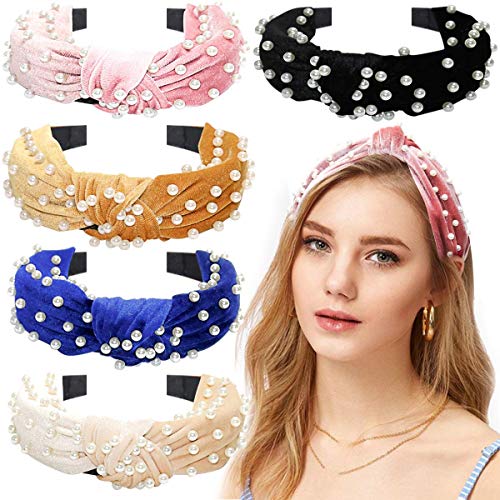 Pearl Knotted Headbands for Women 5 Colors, MOLYHUA Cross Knot Turban Headband Fashion Hair Bands Velvet Wide Headbands…