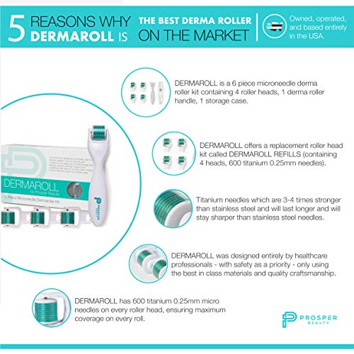 Derma Roller Microneedle 6 Piece Kit [DERMAROLL by Prosper Beauty] Face Roller with 4 Replaceable Heads Exfoliation…