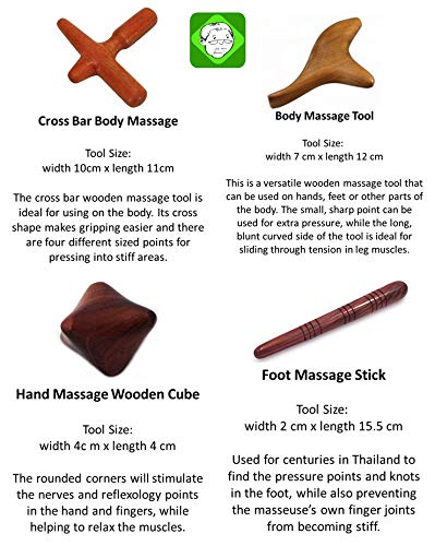 Lungcha 4 Types, 5 Piece Set Traditional Thai Massage Reflexology Wooden Stick Tool (Set of 4 Types Body Hand Foot…