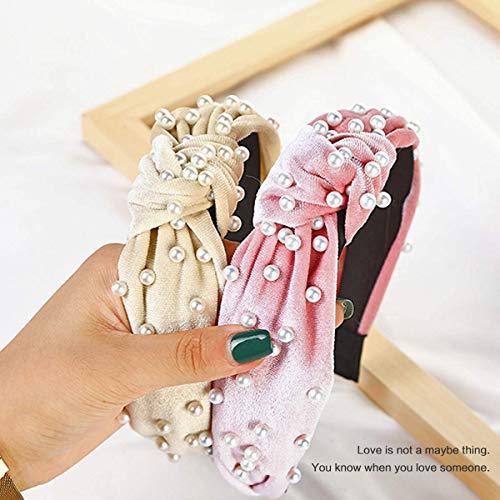 Pearl Knotted Headbands for Women 5 Colors, MOLYHUA Cross Knot Turban Headband Fashion Hair Bands Velvet Wide Headbands…