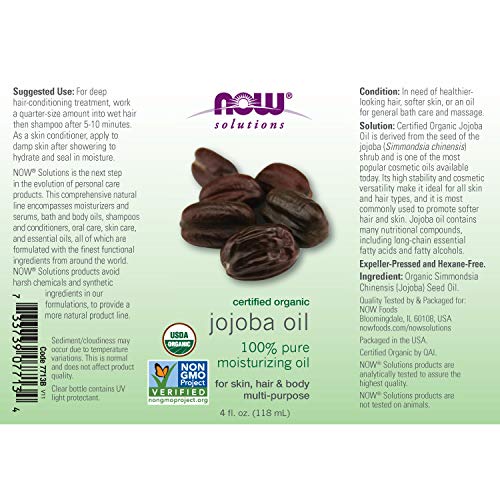 NOW Solutions, Organic Jojoba Oil, Moisturizing Multi-Purpose Oil for Face, Hair and Body, 4-Ounce