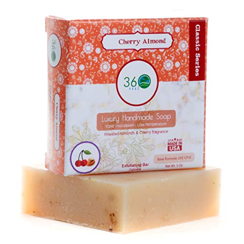 360Feel Cherry Almond Soap -5oz Castile Handmade Soap bar – Almonds Cherries, oatmeal as exfoliant – Pure Essential Oil…