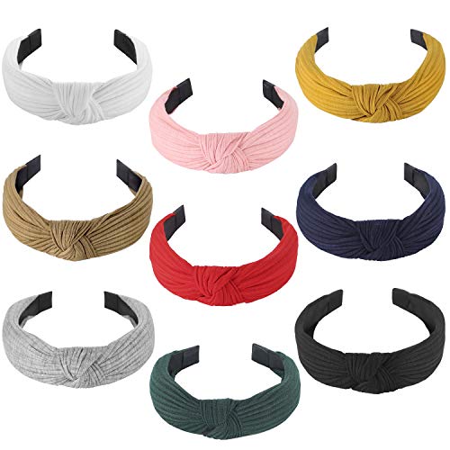 Knotted Headbands for Women Girls, Funtopia 9 Pcs Wide Plain Turban Headband Fashion Cross Knot Hair Bands with Solid…