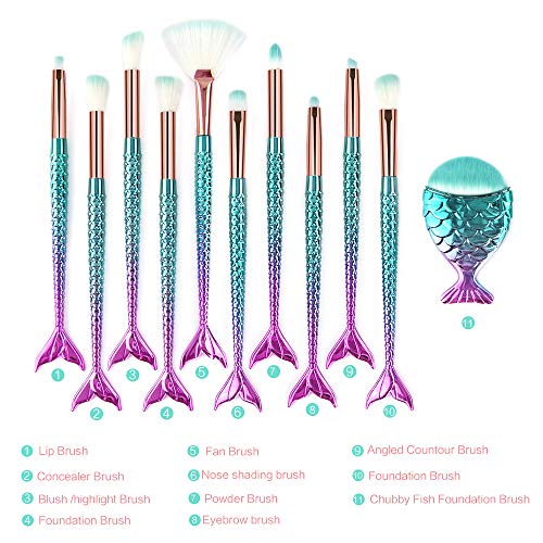 Mermaid Makeup Brushes, 11PCs Professional Makeup Brush Set Foundation Face Powder Eyeshadow Blending Blush Brush Color…