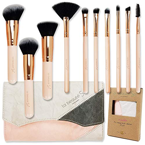 labeauteSoi Professional Makeup Brush Set – 10 pcs Essential Soft Synthetic Face and Eyeshadow Brushes in Pink RoseGold…