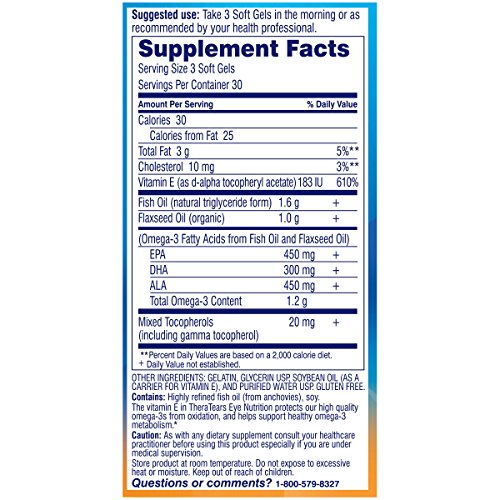 TheraTears 1200mg Omega 3 Supplement for Eye Nutrition, Organic Flaxseed Triglyceride Fish Oil and Vitamin E, 90 Count