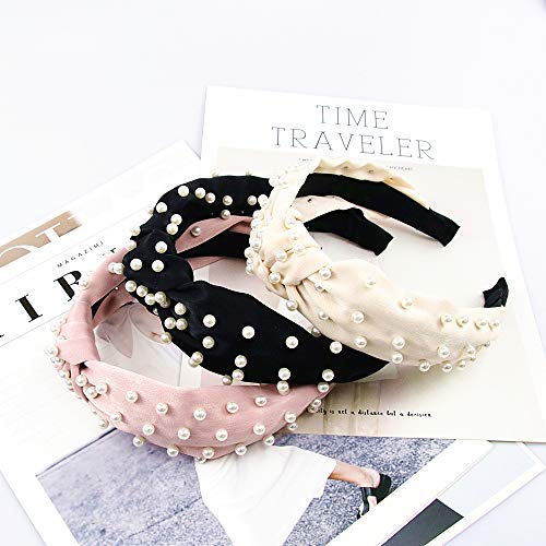 Pearl Headbands Knotted Headbands for Women 3 Colors, Knot Turban Headband Fashion Hair Bands Wide Headbands