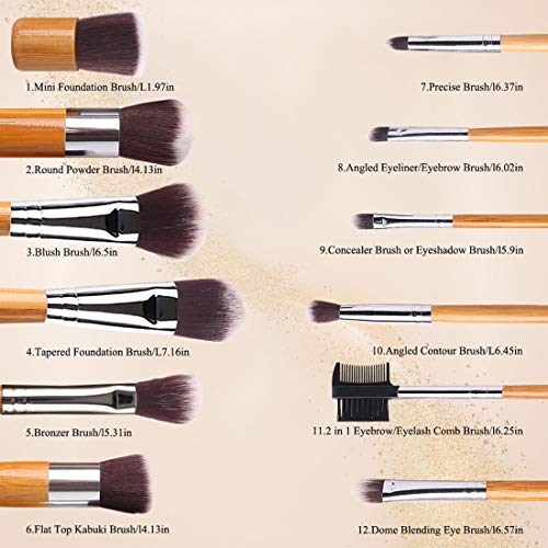 BEAKEY 12+2 Pcs Makeup Brush Set, Premium Bamboo Handle Synthetic Bristles, Kabuki Foundation Eyeshadow Concealer Powder…