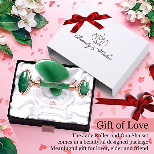 Jade Roller and Gua Sha Massager kit Set for Face with CounterTop Stand – Grade A – Authentic Brazilian Stone Helps…
