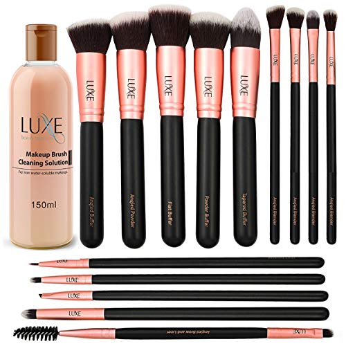 Luxe Premium Makeup Brushes Set with Brush Cleaning Solution – 14 Pc Face and Eye, Synthetic Brushes for Foundation…