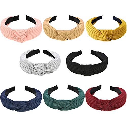 Wide Headbands Knot Turban Headband Plain Fashion Elastic Hairband Head Wrap Hair Hoops for Women and Girls (8PCS)