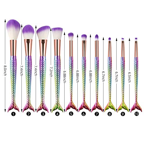 Mermaid Makeup Brush Set, 10Pcs Premium Synthetic Professional Makeup Brushes Foundation Angled Coutour brush Concealer…