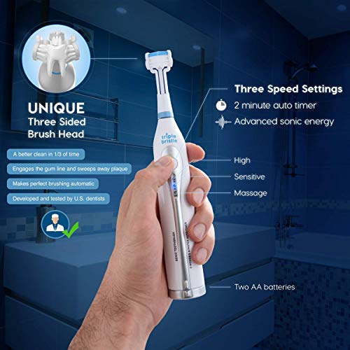 Triple Bristle GO | Portable Battery Sonic Toothbrush for Travel | Three Powerful Modes | Soft Nylon Bristles | Also for…