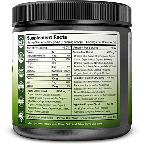 Super Greens Powder Premium Superfood | 20+ Organic Green Veggie Whole Foods | Wheat Grass, Spirulina, Chlorella & More…