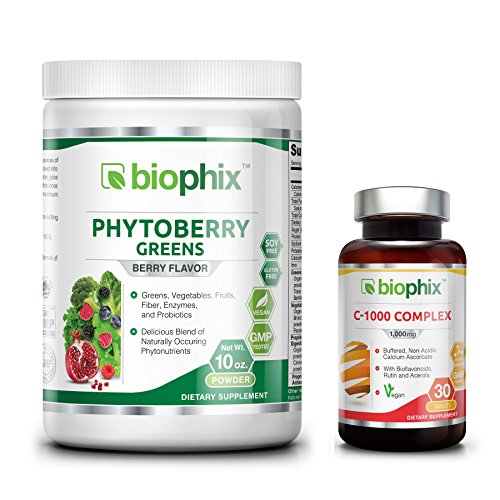 Phytoberry Greens Berry Flavor Superfood Powder 10 oz – Free Vitamin C-1000 30 Tablets – Natural Berry Flavor Greens…