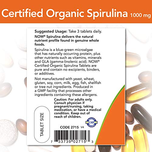 NOW Supplements, Certified Organic, Spirulina 1000 mg (Double Strength), Rich in Beta-Carotene (Vitamin A) and B-12 with…