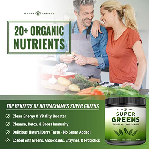 Super Greens Powder Premium Superfood | 20+ Organic Green Veggie Whole Foods | Wheat Grass, Spirulina, Chlorella & More…