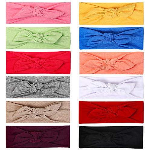 12pcs Solid Color Headbands for Women Headwraps Hair Bands with Bows Cotton Stretchy Head Bands for Women’s Hair…