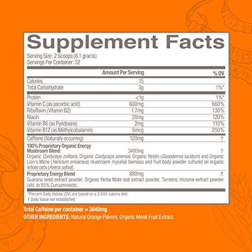 Om Mushroom Superfood Energy Plus Mushroom Powder Drink Mix, Citrus Orange, 7.05 Ounce, 32 Servings, Mushroom Blend…