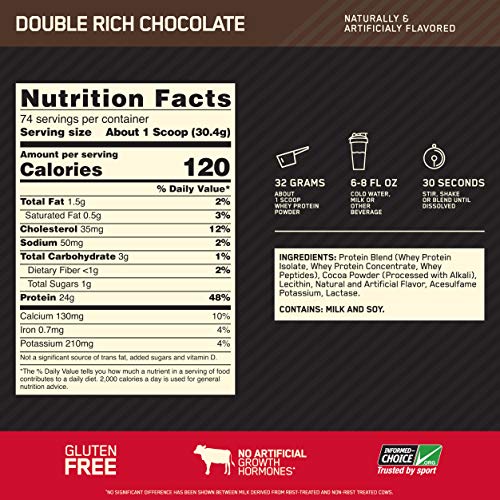 Optimum Nutrition Gold Standard 100% Whey Protein Powder, Double Rich Chocolate, 5 Pound (Packaging May Vary)