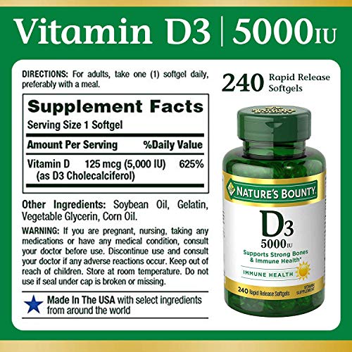 Nature’s Bounty Vitamin D3, Immune Support, 125 mcg (5000iu), Rapid Release Softgels, 240 Ct