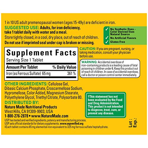 Nature Made Iron 65 mg (325 mg Ferrous Sulfate) Tablets, Dietary Supplement for Red Blood Cell Support, 180 Tablets, 180…