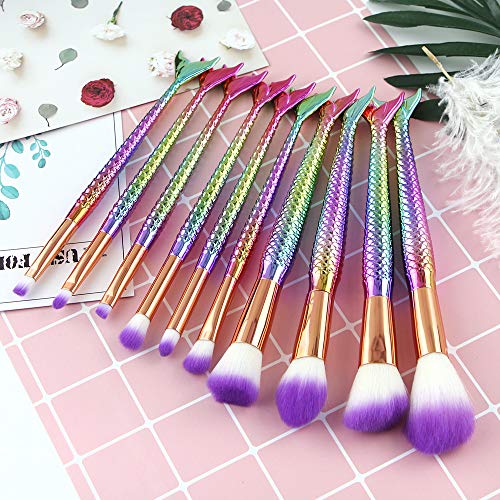 Mermaid Makeup Brush Set, 10Pcs Premium Synthetic Professional Makeup Brushes Foundation Angled Coutour brush Concealer…