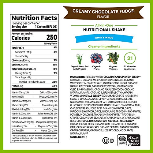 Orgain Organic Nutritional Shake, Creamy Chocolate Fudge – Meal Replacement, 16g Grass Fed Whey Protein, 20 Vitamins…