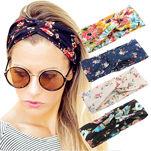 ELACUCOS Headbands for Women Criss Cross Boho Floal Style Head Bands for Women’s Hair 4 Pack