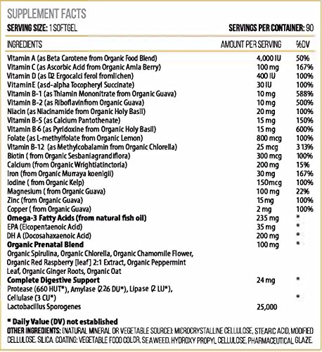 Actif Organic Prenatal Vitamin with 25+ Organic Vitamins, 100% Natural, DHA, EPA, Omega 3, and Organic Herbal Blend…