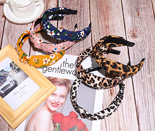 KHKINDPRO Leopard Print and Floral Knotted Headbands for Women and Girls 6 Pack Set Fabric Wrapped Plastic Fashion Hair…