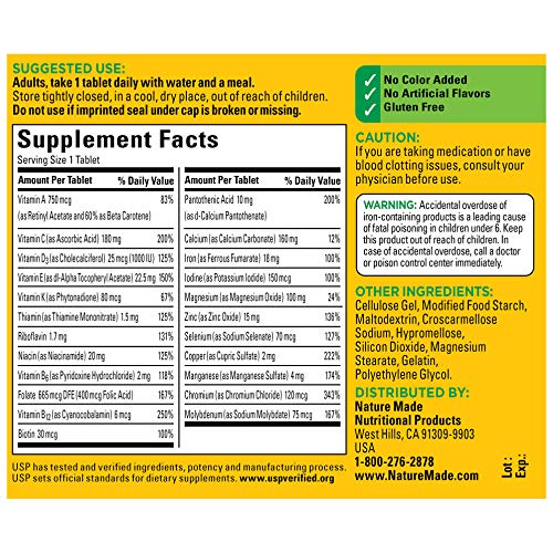 Nature Made Multivitamin Tablets with Vitamin D3 and Iron, 130 Count for Daily Nutritional Support
