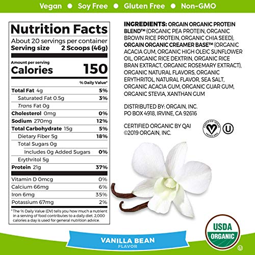 Orgain Organic Vegan Protein Powder, Vanilla Bean – 21g of Plant Based Protein, Low Net Carbs, Gluten Free, Lactose Free…