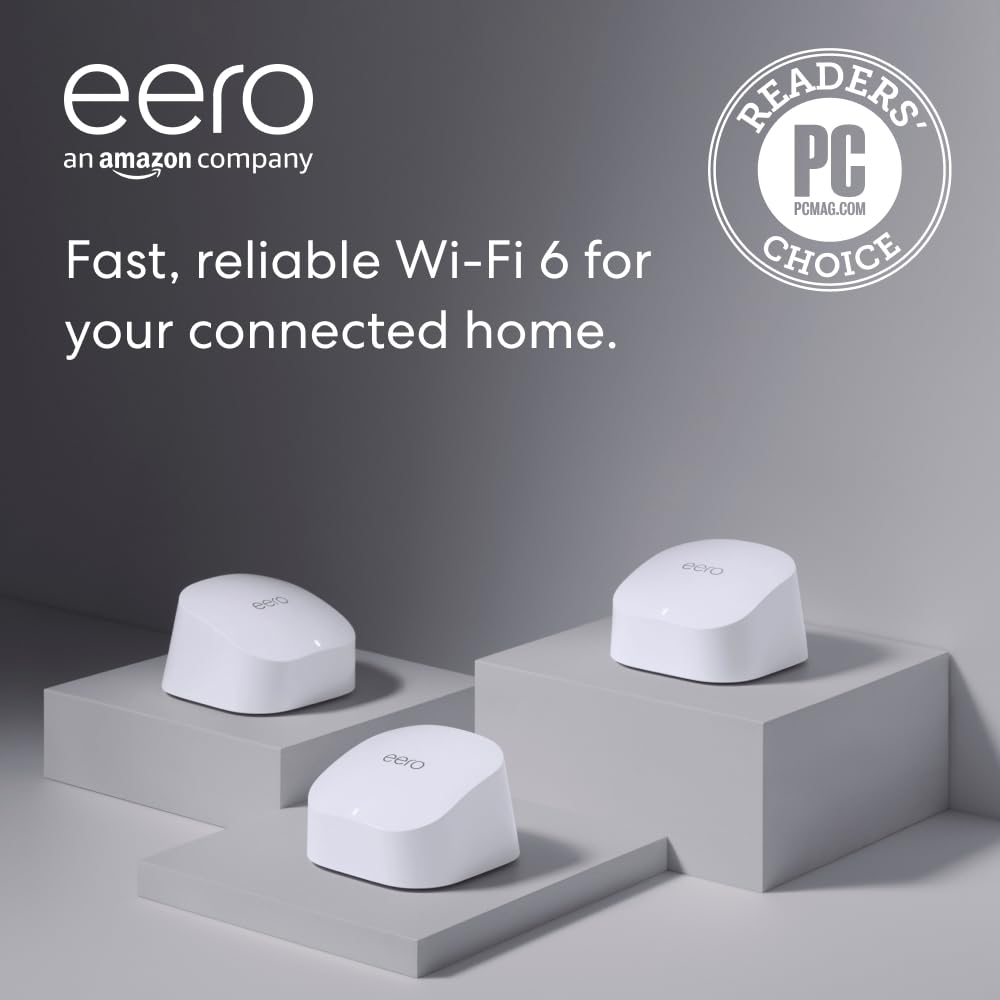 Amazon eero 6 mesh Wi-Fi system – Supports speeds up to 500 mbps, Connect to Alexa, Coverage up to 4,500 sq. ft., 3-pack, one router + two extenders Amazon eero 6 mesh Wi-Fi system – Supports speeds up to 500 mbps, Connect to Alexa, Coverage up to 4,500 sq. ft., 3-pack, one router + two extenders